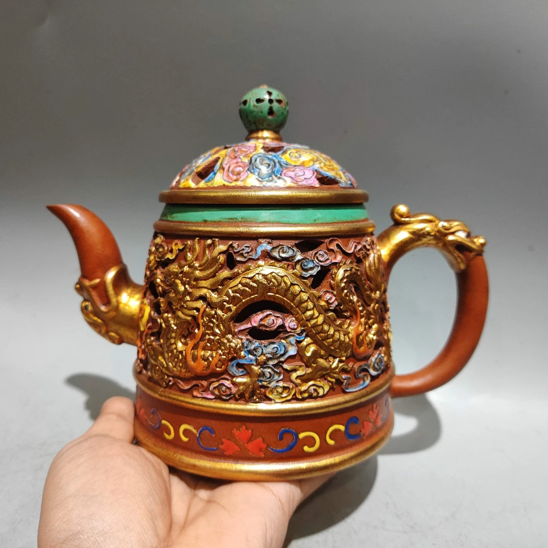 鎏金彩绘镂空紫砂壶原矿红泥1000毫升大容量全手藏品