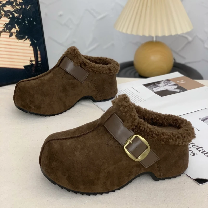 复古内增高勃肯鞋女2025冬季新款加绒保暖毛毛鞋一脚蹬包头半拖鞋