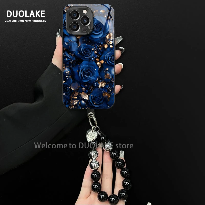 轻奢蓝玫瑰适用苹果vivo华为oppo小米iPhone17电镀玻璃防摔手机壳