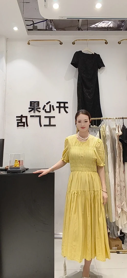 80191春季新款泡泡袖收腰显瘦过膝法式初恋桔梗茶歇长裙