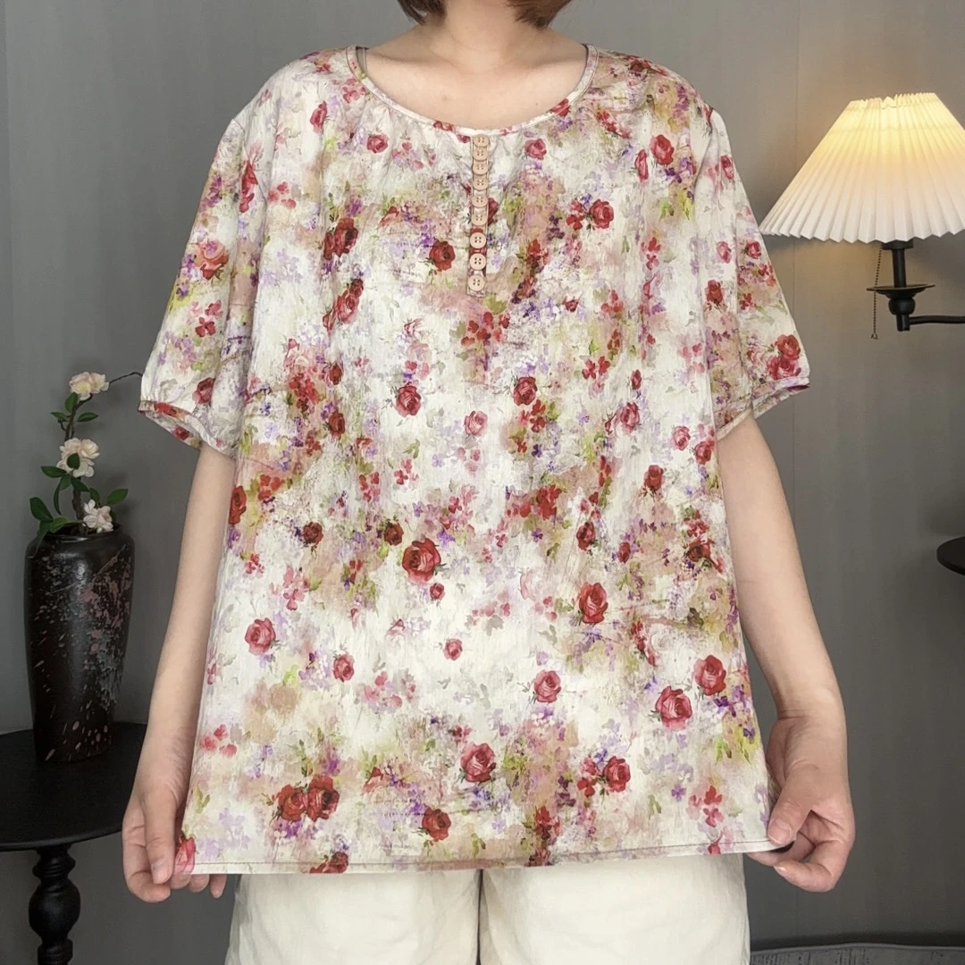 Y904气质夏季文艺宽松简约套头遮肉妈妈装防晒丝麻小衫女短袖T恤