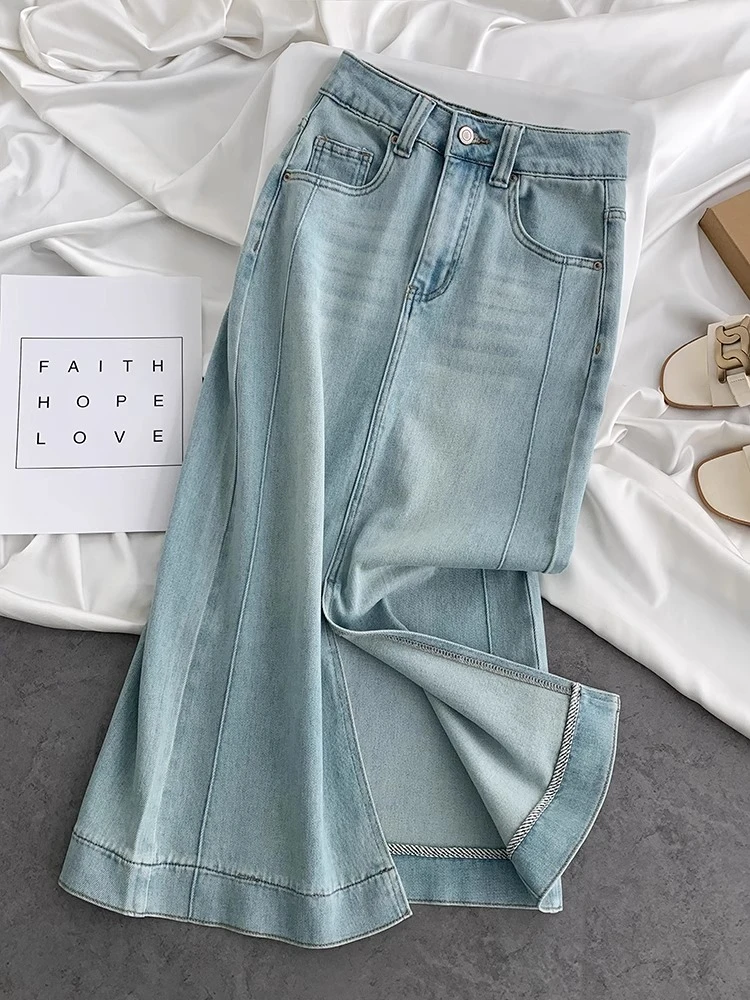 浅蓝高腰前开叉牛仔半身裙女2025夏季薄款百搭遮胯显瘦中长包臀裙