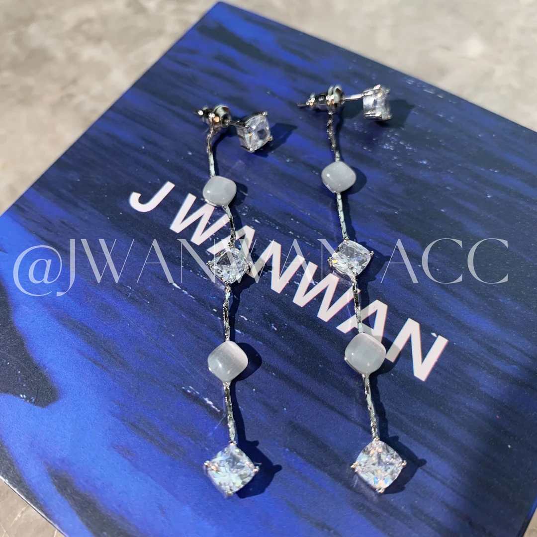 铜合金锆石耳饰 设计师两戴猫石闪钻清新长耳环01ED2792LY