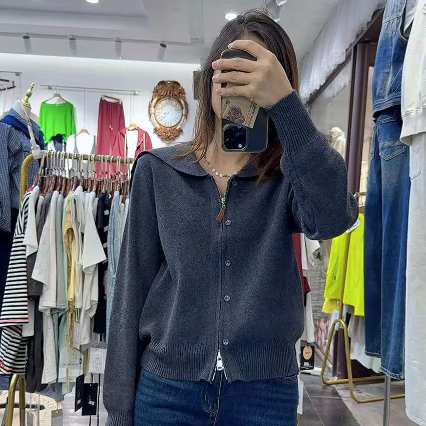 秋冬新品时尚减龄韩版海军领拉链针织开衫毛衣外搭女通勤高档设计
