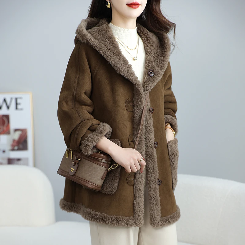 2025新款双面穿羊剪绒大衣中长款连帽羊毛皮草外套复合皮毛一体女