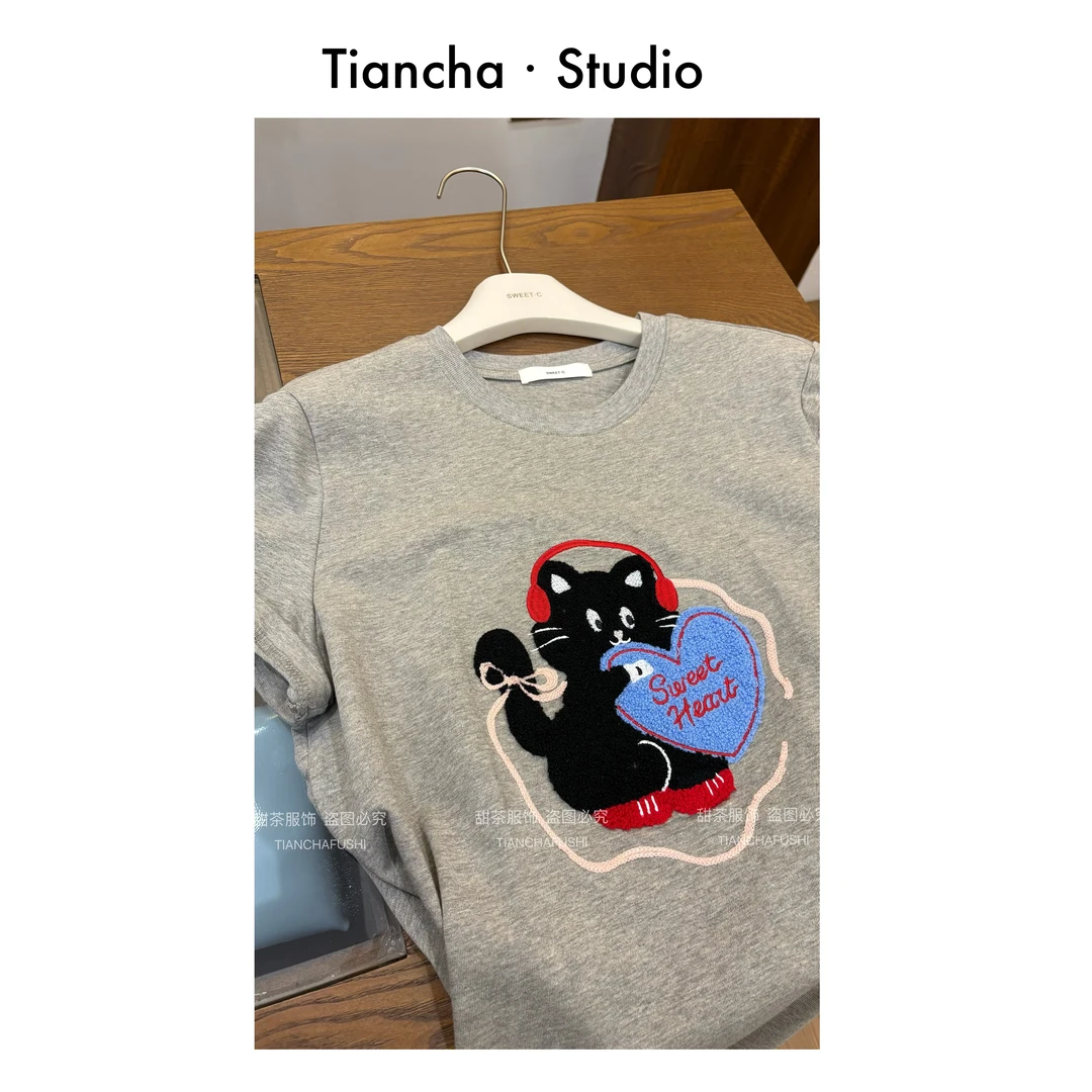 sweet c【 小猫爱心】AA017#夏季韩系正肩短袖T女毛巾绣可爱小众ins