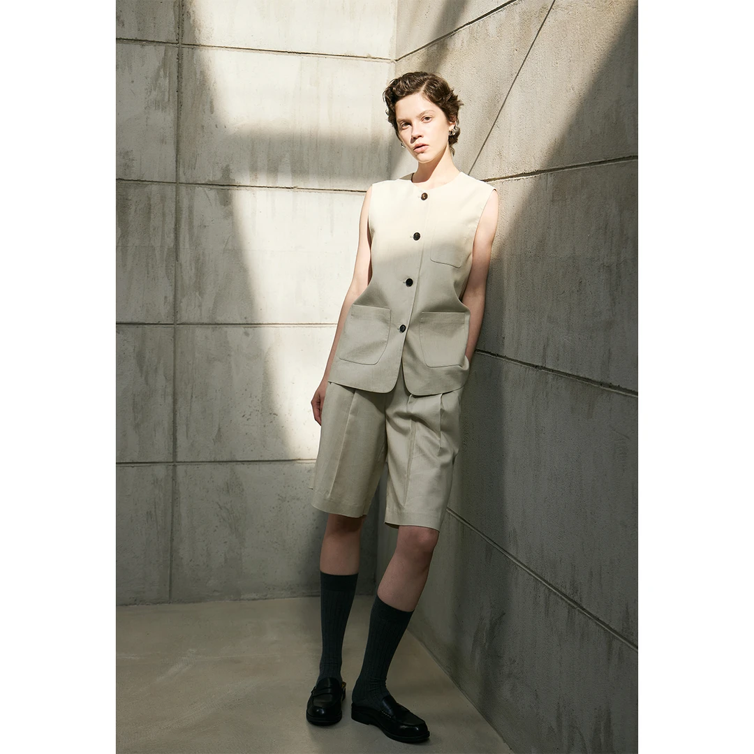 MeeLeeMeeLab 原创绅士优雅亚麻混纺挺括小圆领直身马甲套装短裤