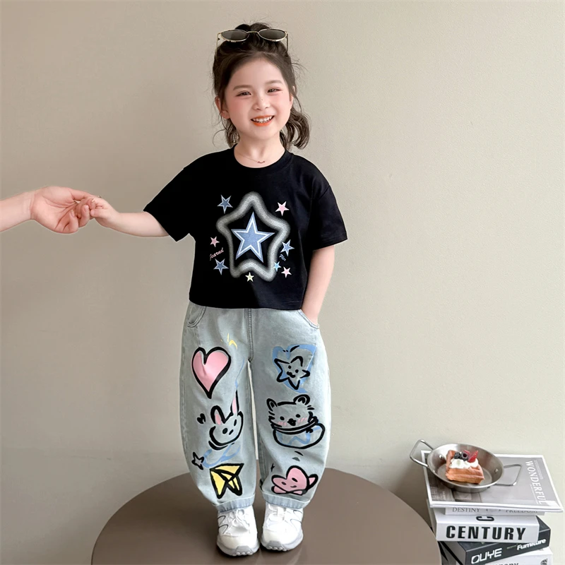 女童印花短袖套装洋气时髦儿童T恤牛仔裤子薄款两件套小女孩夏装