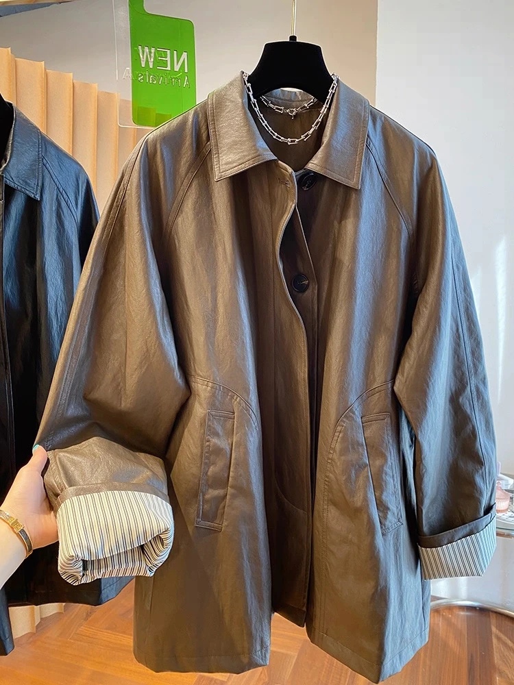 美拉德咖色中长款皮衣外套女秋款2025皮衣外套女款爆款2025新款