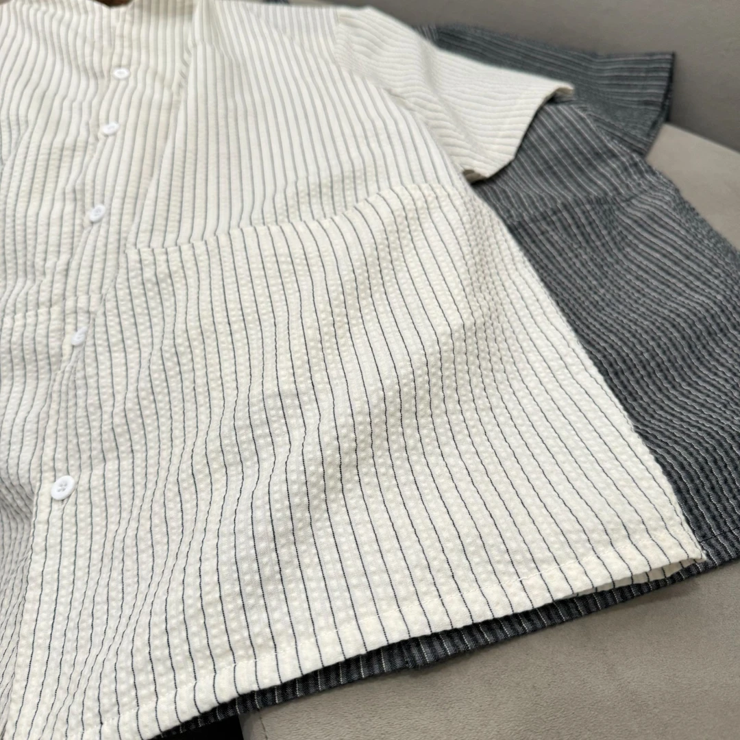 户外时尚休闲拼色条纹立领短袖衬衫潮牌INS男士百搭宽松口袋衬衣