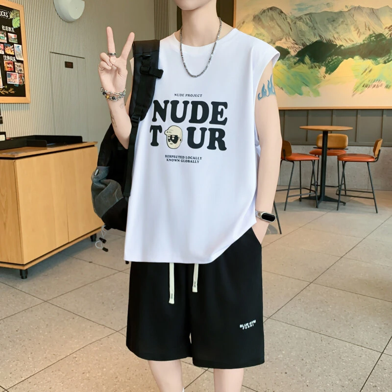 冰丝短袖帅气套装男士夏季潮流青少年哥哥背心坎肩宽松大童男童装