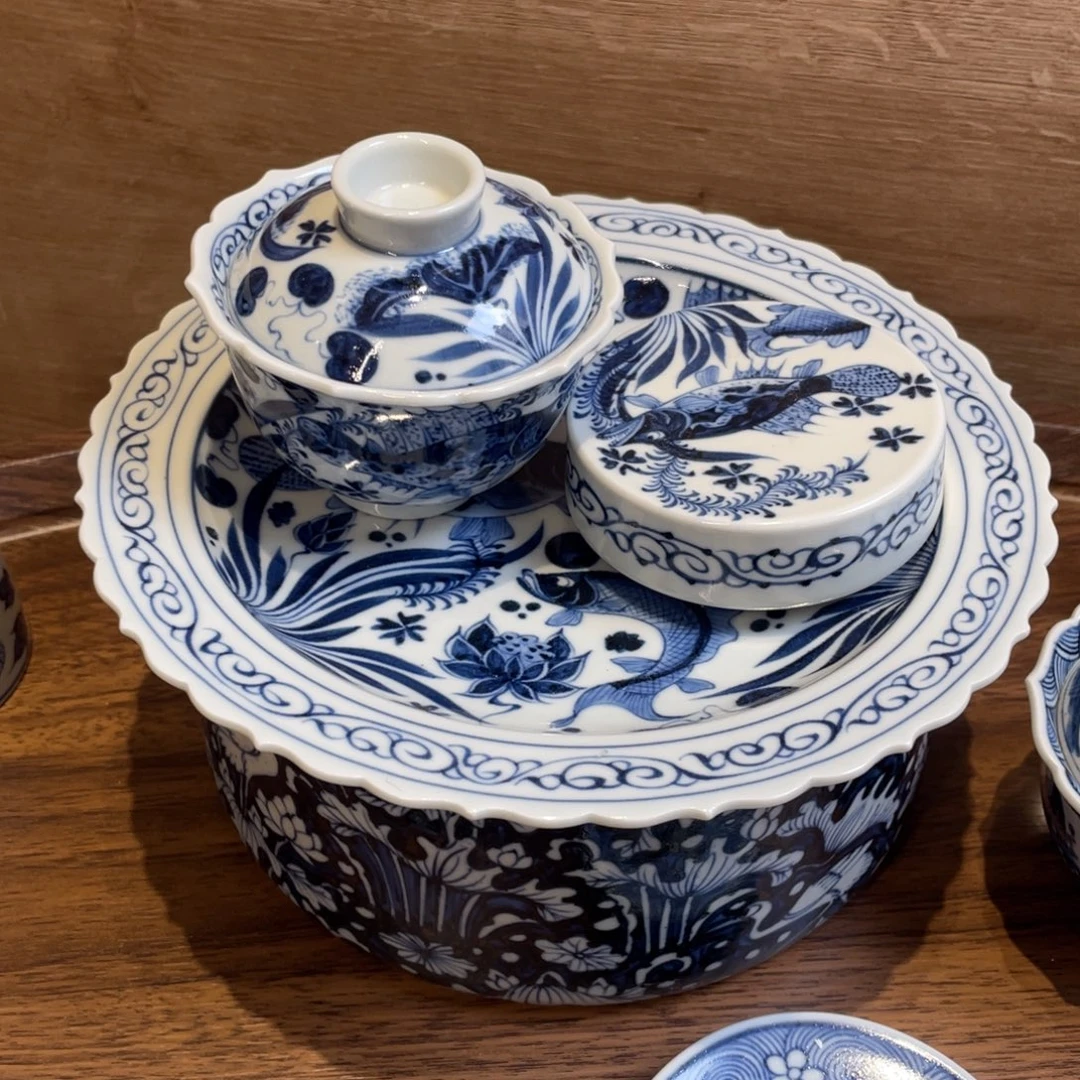 景德镇纯手工手绘鱼藻三件套全品