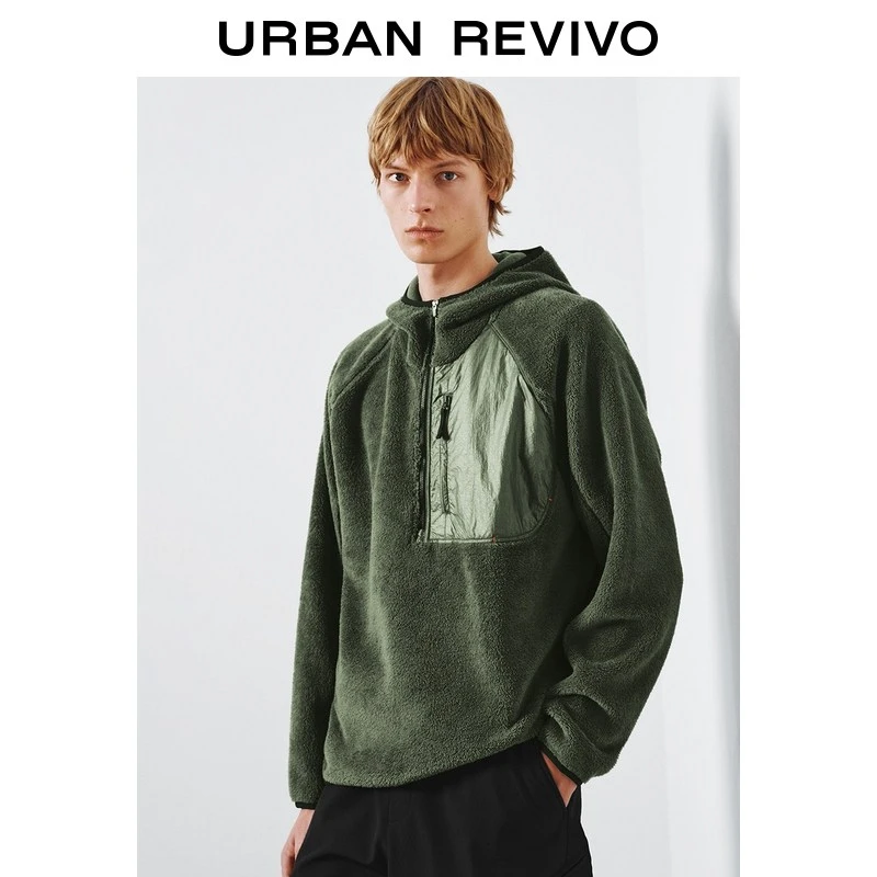 UR2026春季新款男潮流运动连帽拼接半开襟抓绒卫衣UUN460001