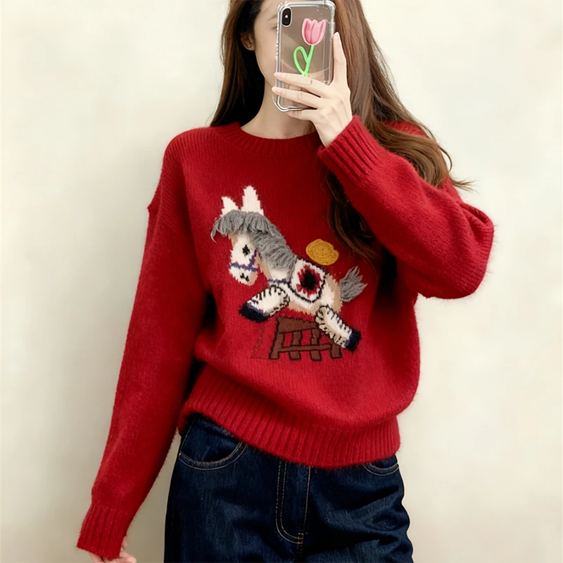 马上有钱小马刺绣毛衣女新款冬季内搭打底衫本命年红色上衣L1532