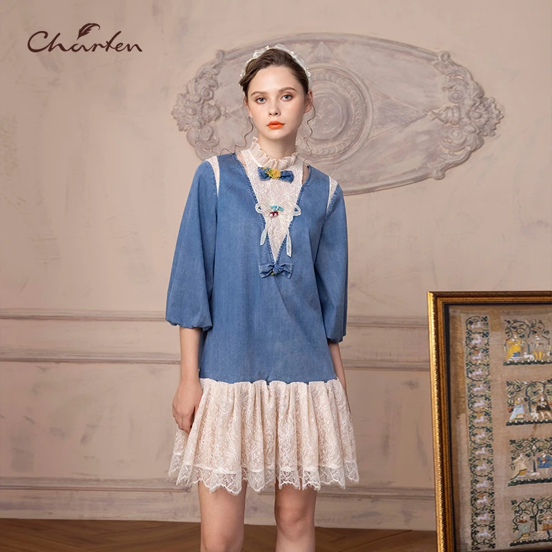 【媛媛专享】朝峰春牛仔拼接蕾丝宽松连衣裙女CFD1J192-1092G上衣