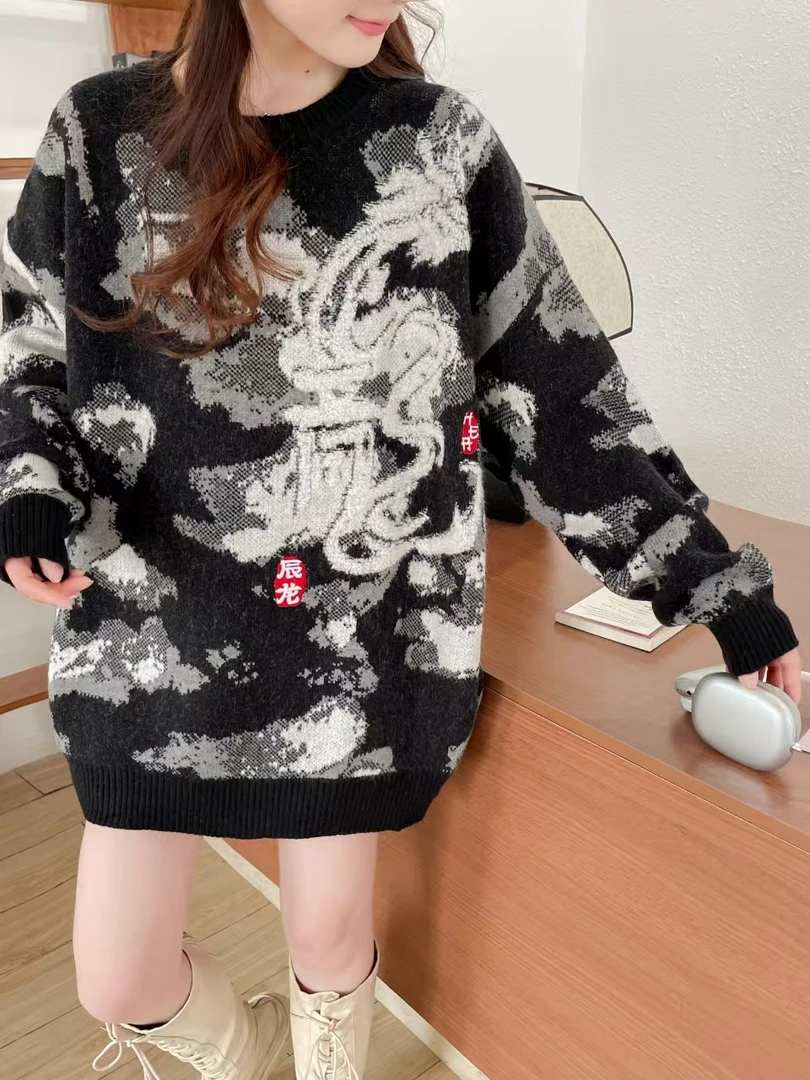 1113 圆领毛衣2024新款秋冬红色慵懒风潮流宽松情侣针织衫