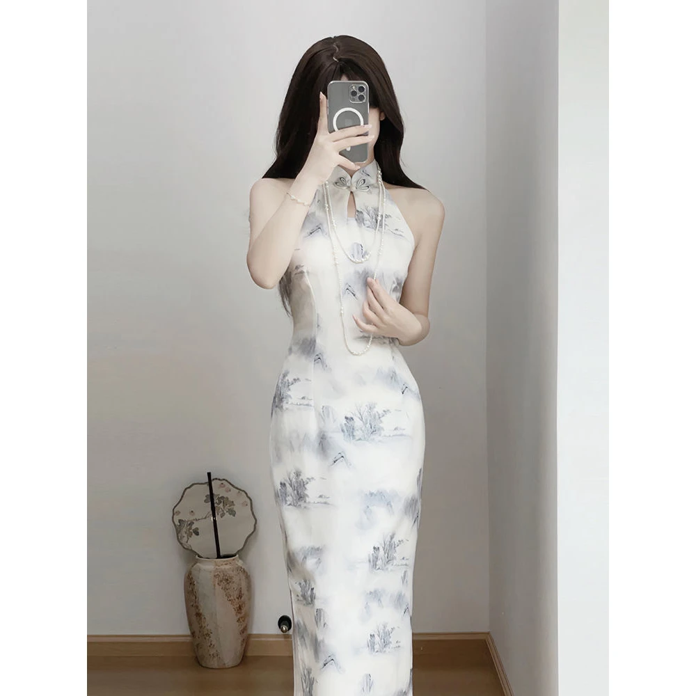 【9377】旗袍改良国风年轻绝美中式开衫挂脖长裙优雅显瘦版型套装