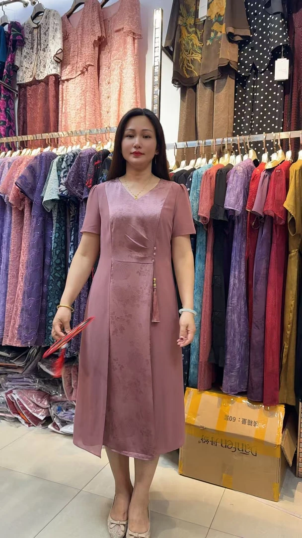 妈妈装国风旗袍裙提花纯色夏季女装不褪色连衣裙显瘦复古高腰