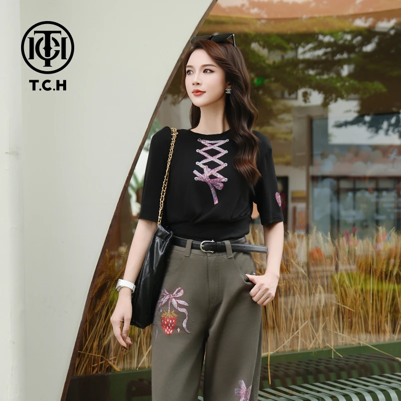 TCH私服秋款烫钻新时尚淑女百搭新潮流T恤女T75C10E5007轻奢tch