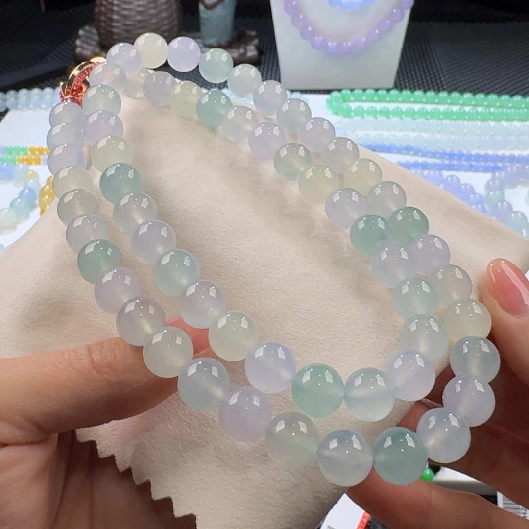 翡翠手链未镶嵌高冰梦幻马卡龙多宝长串10mm