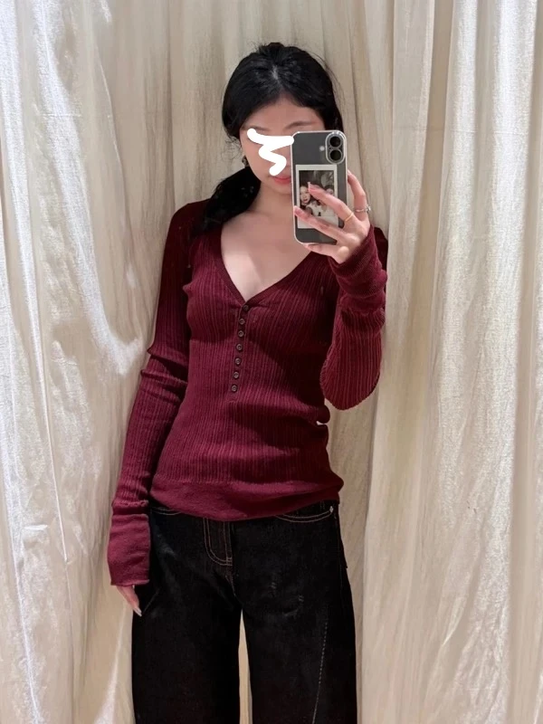 美式复古V领亨利衫女圣诞修身显瘦打底衫纽扣正肩长袖T恤