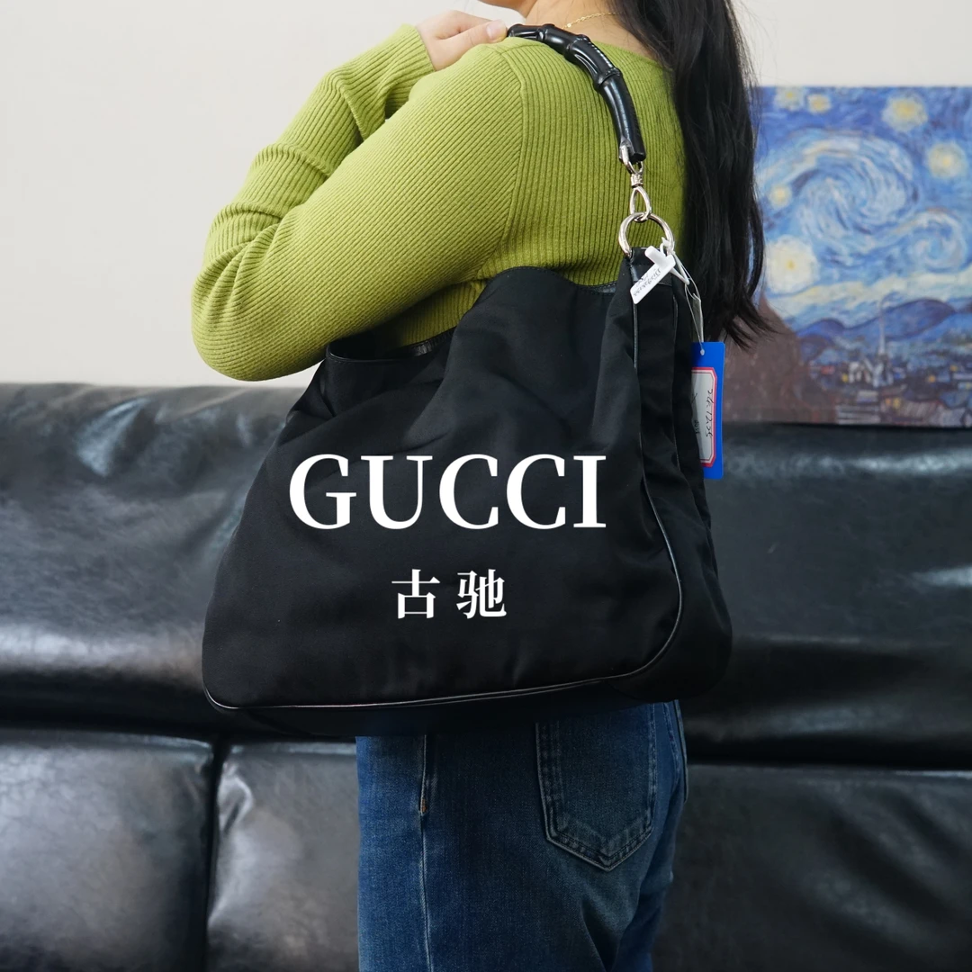 95新 GUCCI/古驰  黑色竹节单肩包/JJ12925133/5133