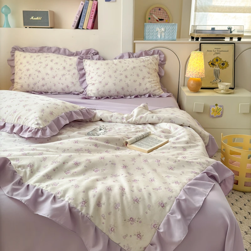 新品夏季A类法式花边针织棉双层纱夏凉被四件套薄被空调被四件套