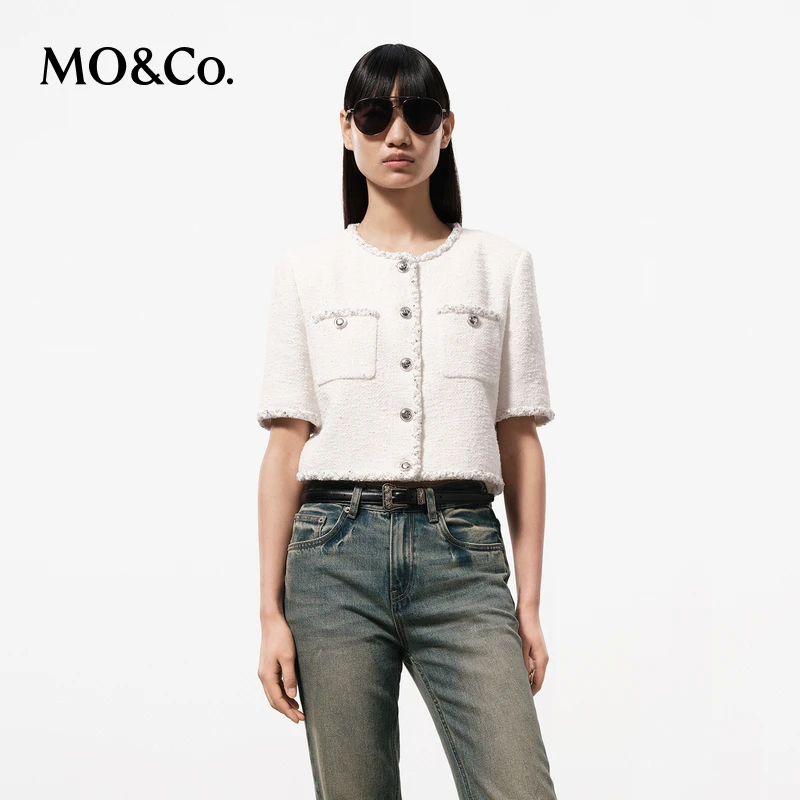 【达播用链接】MOCO夏编织银丝嵌边短款廓形短袖外套MBD2COT003