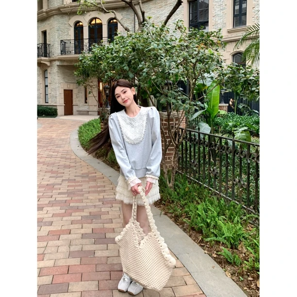 【乖甜组】25889 春季购甜美淑女气质舒适圆领套头卫衣蕾丝小香风
