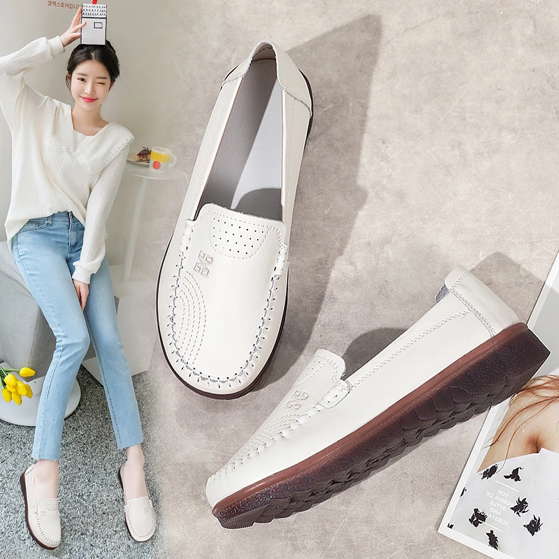 春秋爆款真皮绣花单鞋舒适中老年鞋妈妈鞋一脚蹬软底防滑浅口平底