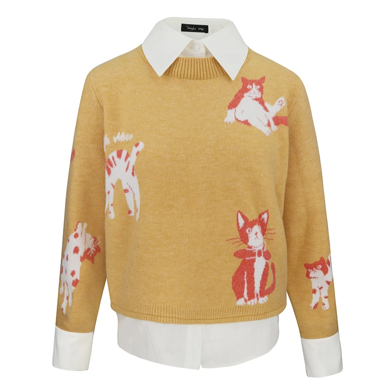 JUNGLE ME秋冬衬衫领假两件提花猫咪毛衣套头时尚休闲女士毛衣