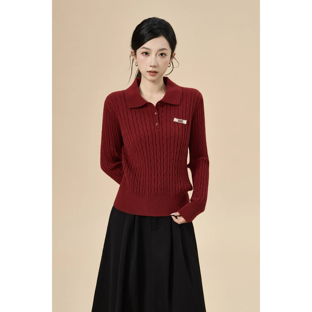 【元旦礼遇季】秋季纯色翻领领套头开衫休闲百搭毛衣