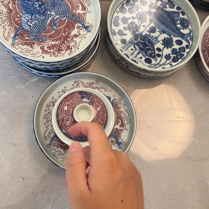 5***9瓷片景德镇麒麟踏浪壶承加盖碗