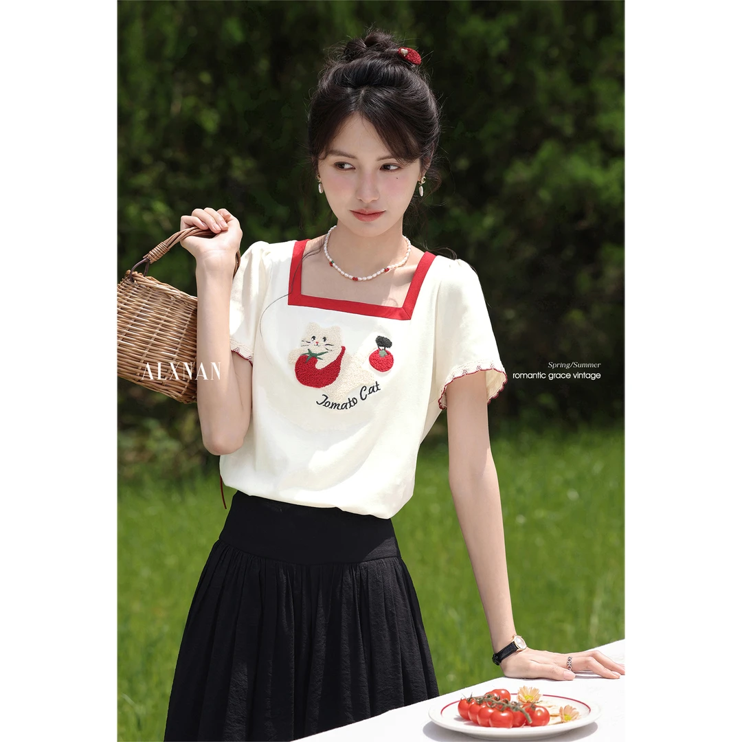 【品牌撤柜款ZB】白色方领撞色短袖T恤夏显瘦百搭甜美上衣女L55396