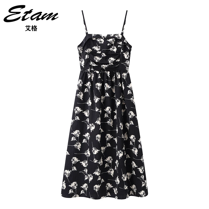 Etam/艾格法式优雅印花无袖吊带裙2025春季新款A字碎花大摆长裙