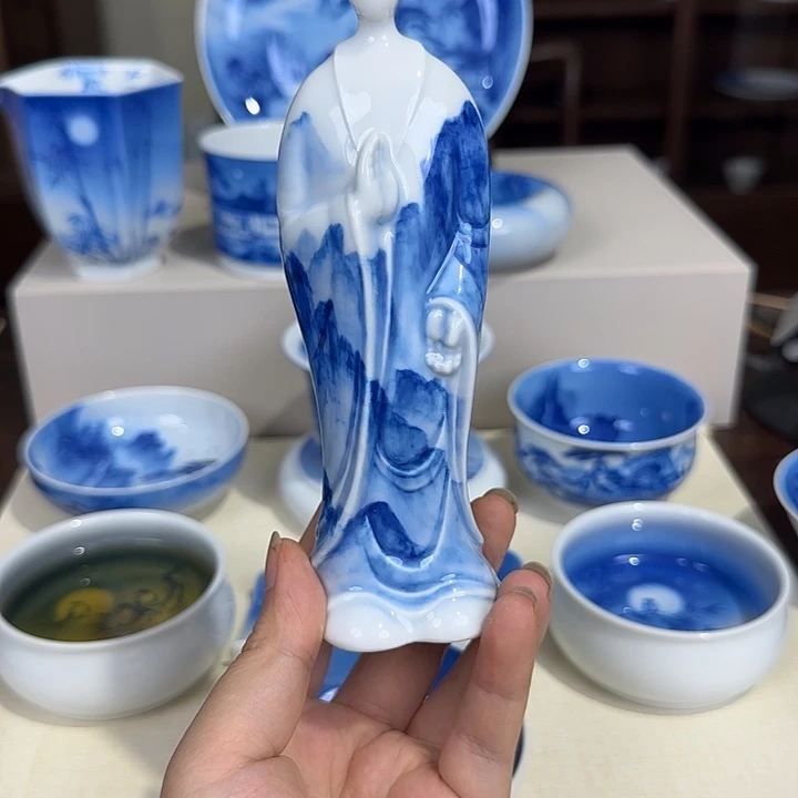 没***豆青花山水人物摆件