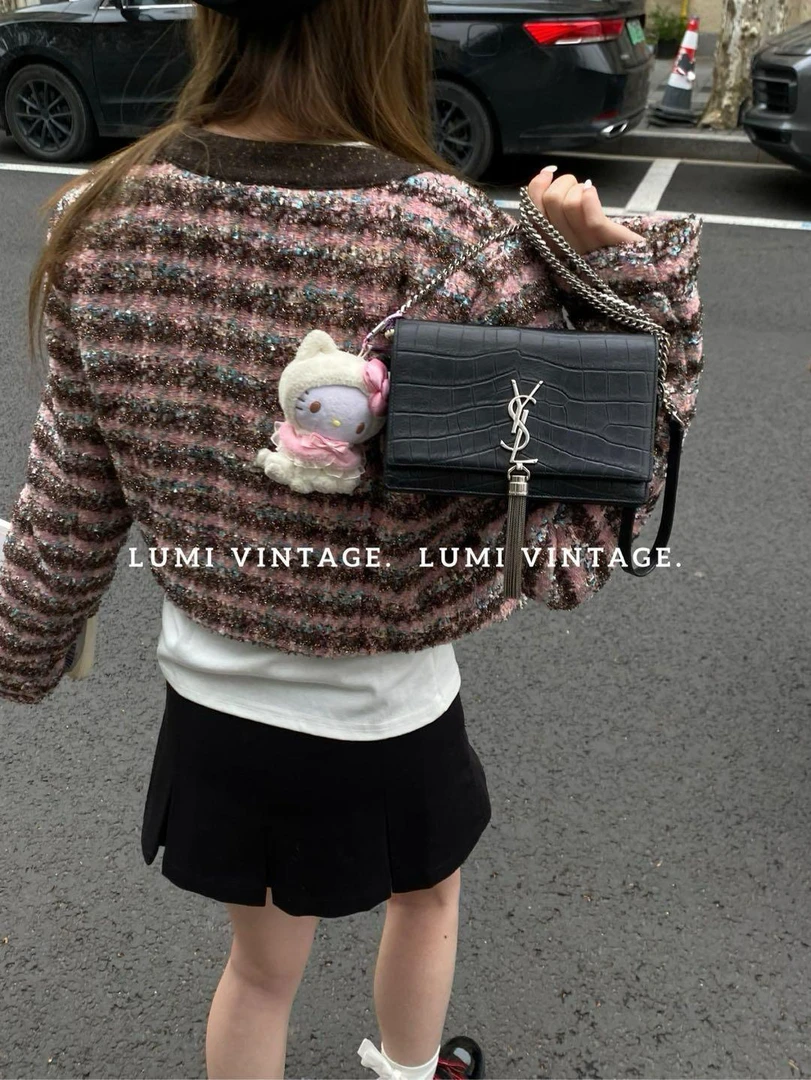 95新 YSL/圣罗兰 Kate黑银鳄鱼压纹中号流苏单肩包25703893