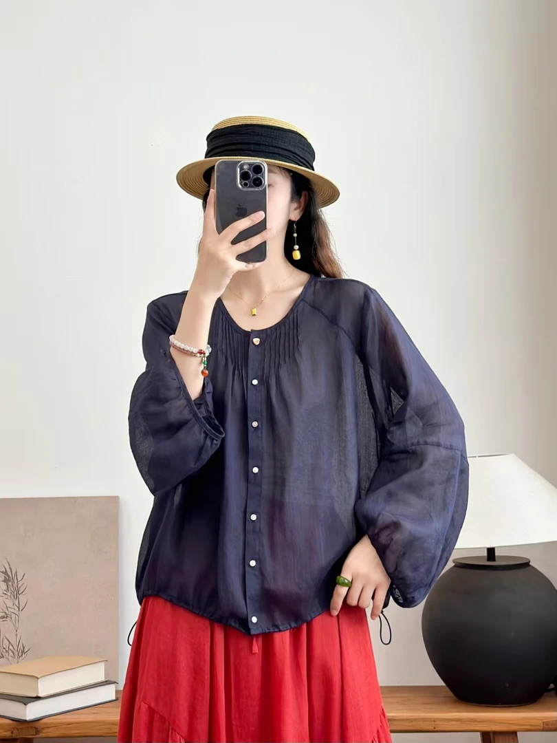 【2576】夏季新款九分袖苎麻开衫文艺复古休闲宽松百搭显瘦衬衫