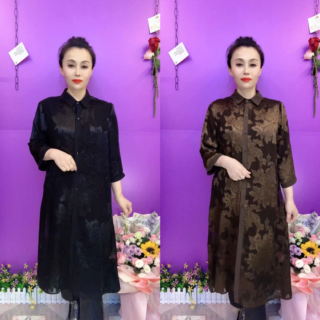 C24-85方领提花长款外套蕾丝显瘦气质网红洋气时尚百搭长款妈妈装