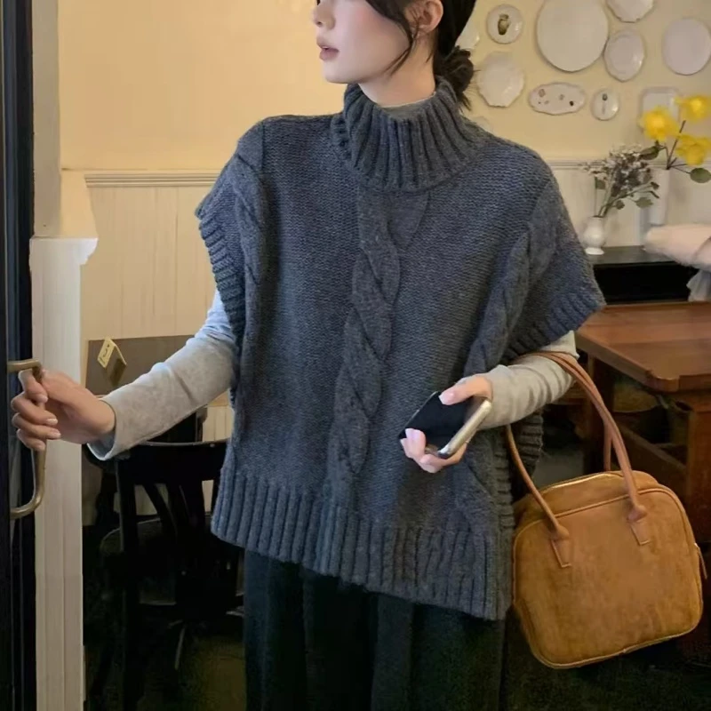 羊范2025秋冬新款100%纯羊毛高领麻花针织披肩套头宽松显瘦上衣女