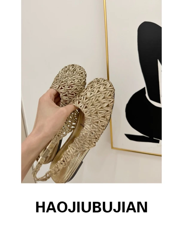 好久不见金色编织包头鞋