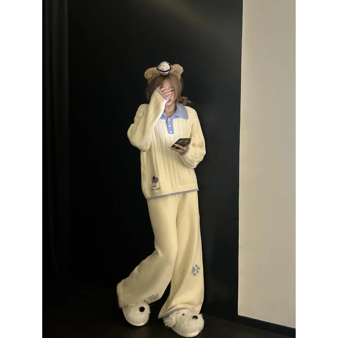 韩系酷猫元素设计感半边绒睡衣女冬季爆款大码休闲保暖家居服套装