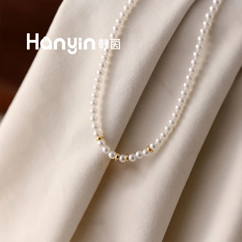 铜合金仿珍珠项链 41+5cm 4mm珠珠微镶方形笑脸时尚百搭项链