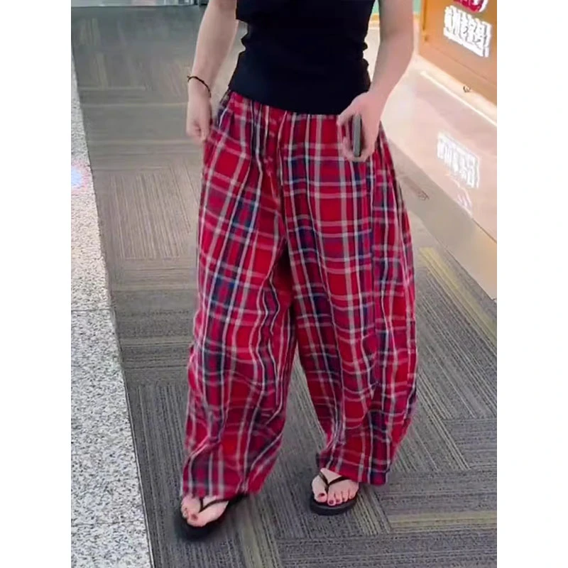 美式复古红色格子休闲裤女夏季新小个子日系慵懒风百搭弯刀阔腿裤