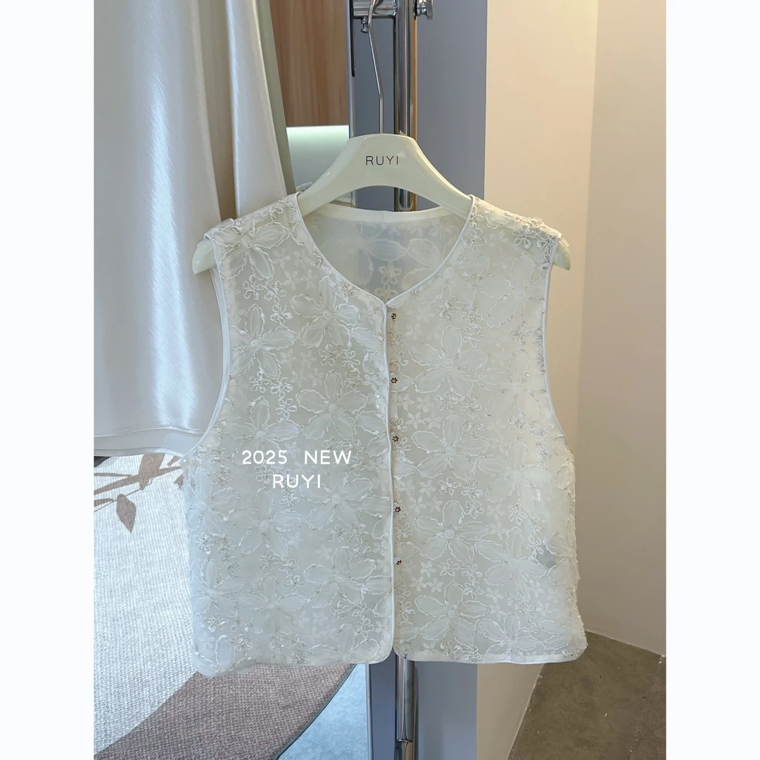 入艺872【Y I花谷】25夏季冰爽蕾丝质感新中式女士马甲