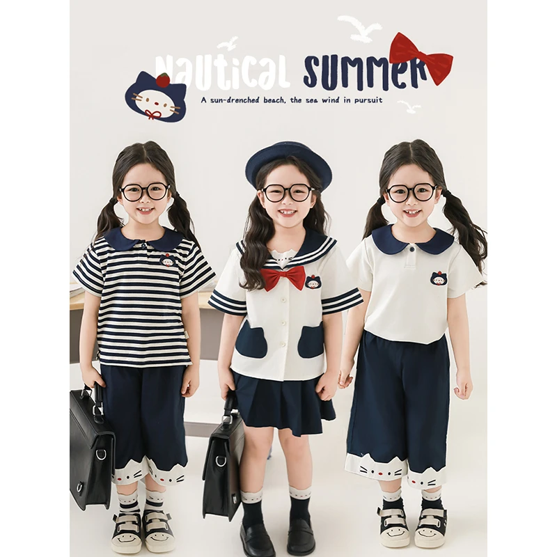 幼悠女童夏装学院风短袖套装儿童海军风服装品质童装幼儿园园服潮