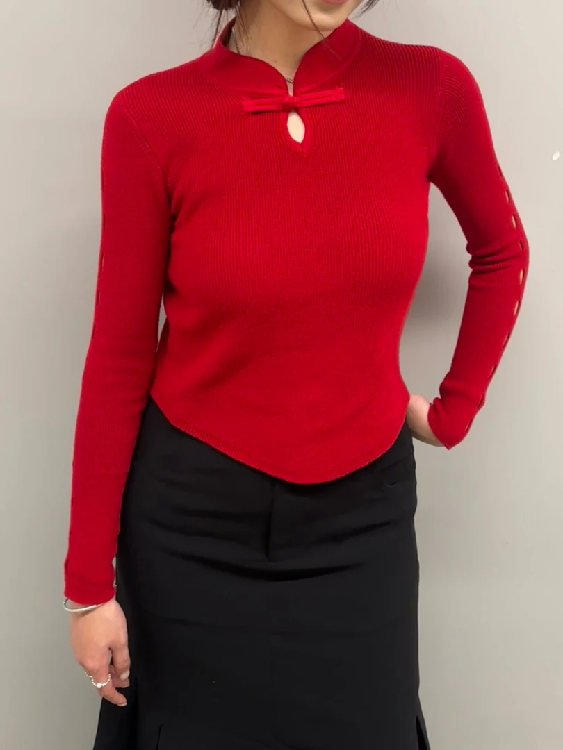 新中式盘扣立领打底衫女秋冬修身打底上衣复古红气质细羊毛针
