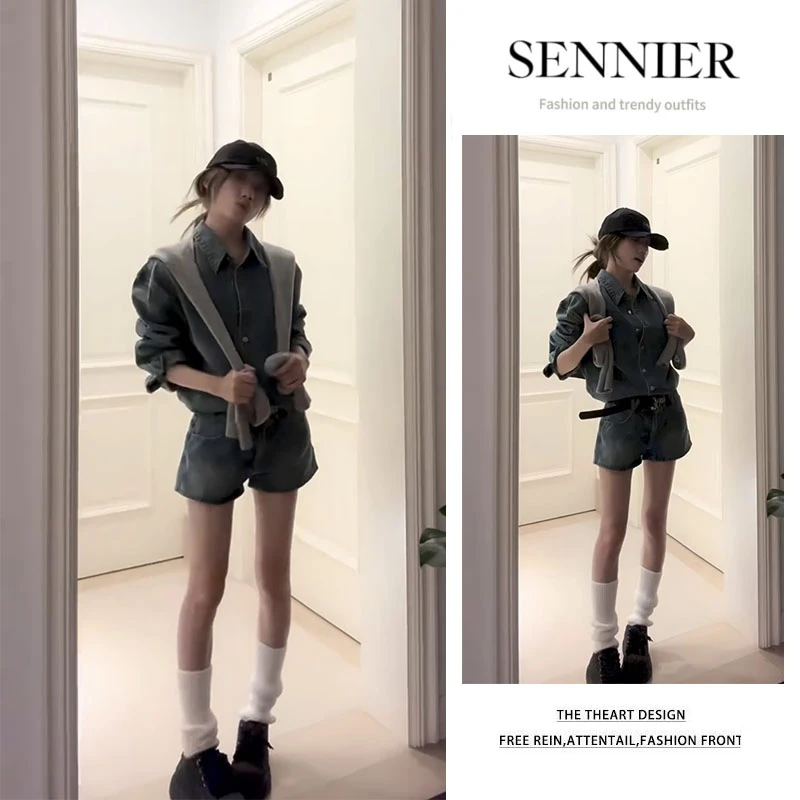 时尚穿搭女2025新款百搭披肩宽松长袖牛仔衬衫显瘦牛仔短裤两件套