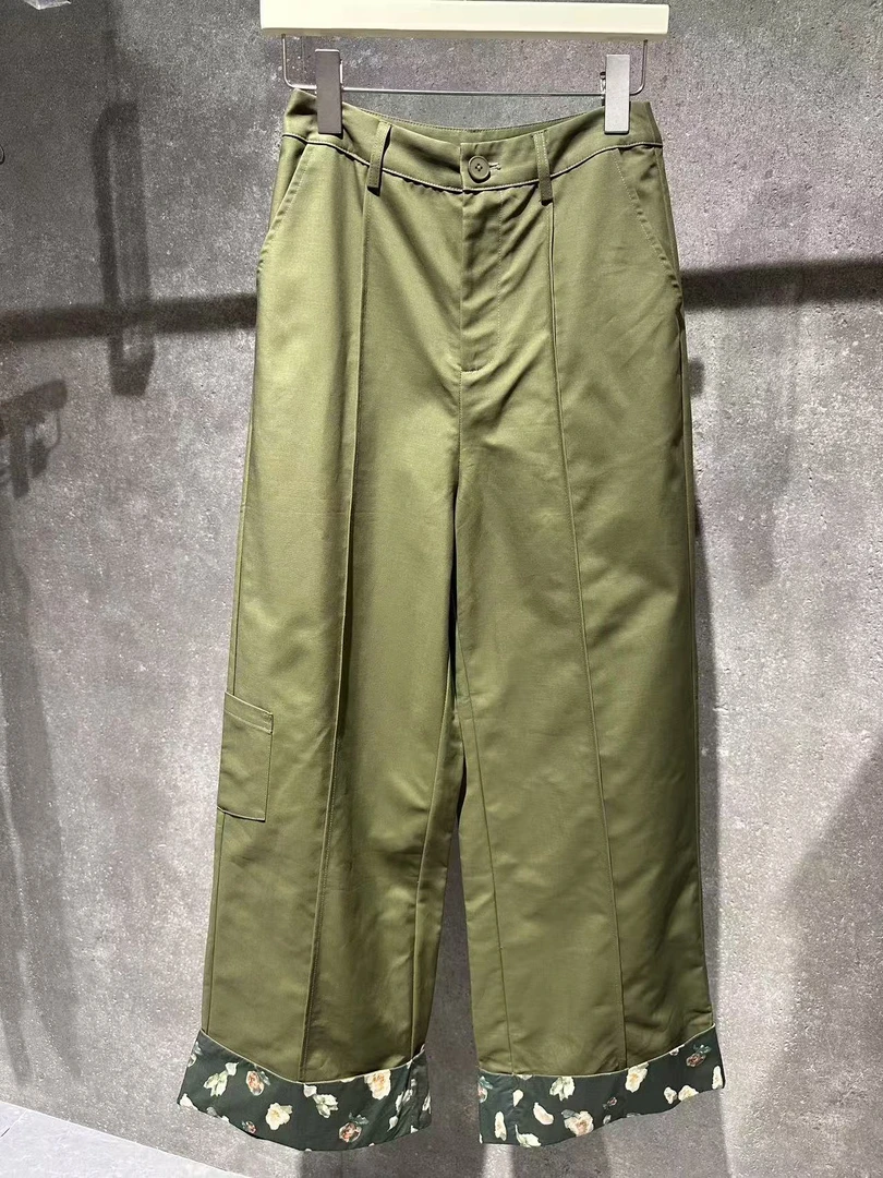 【Ann.G】K40102 复古印花裤脚外翻休闲阔腿裤女春宽松裤子