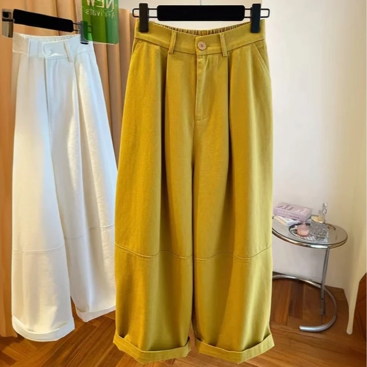 黄色九分阔腿裤女春夏2025新款宽松休闲显瘦直筒大版气球裤工装裤